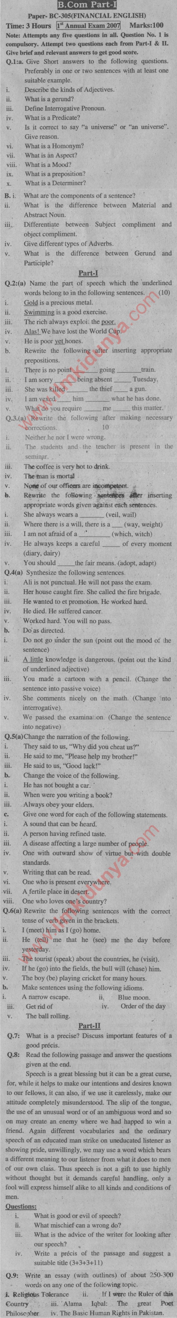 Function English Paper Past Paper 2007 BCom Functional English Part 1 of Sargodha University