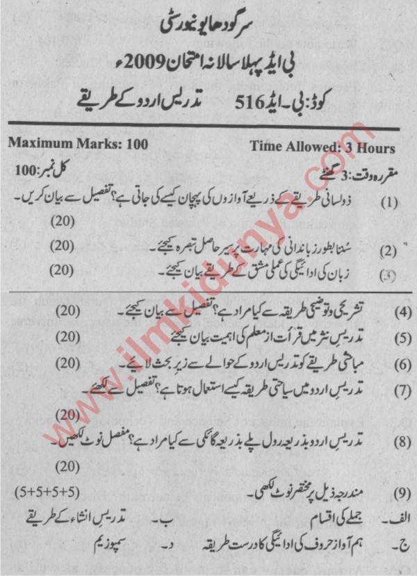 Past Paper 2009 BEd Tadrees Urdu k Tareeqay of Sargodha University