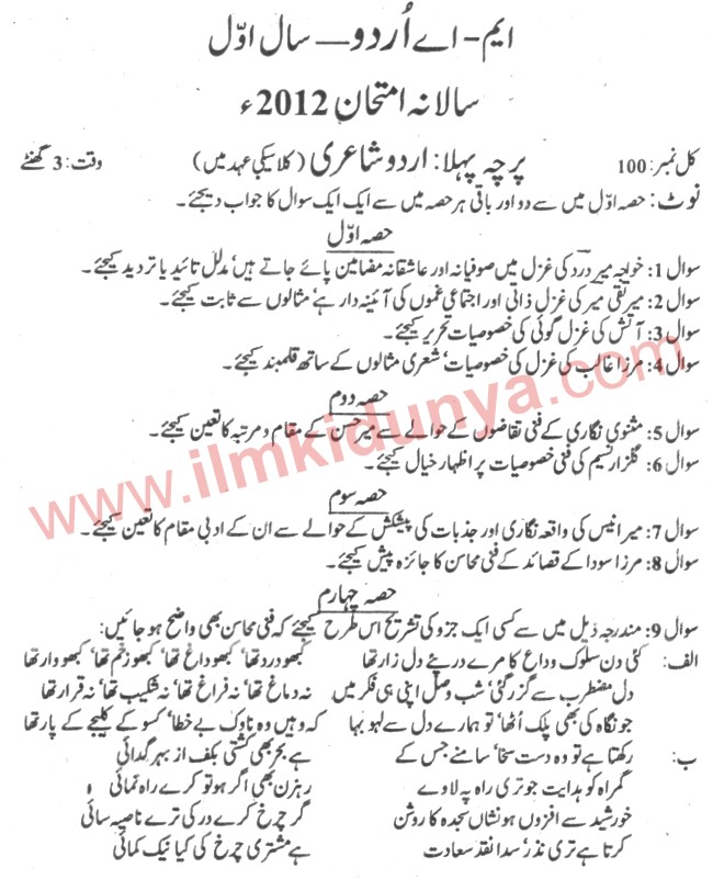 Past Papers 2012 Punjab University MA Part 1 Urdu Poetry 