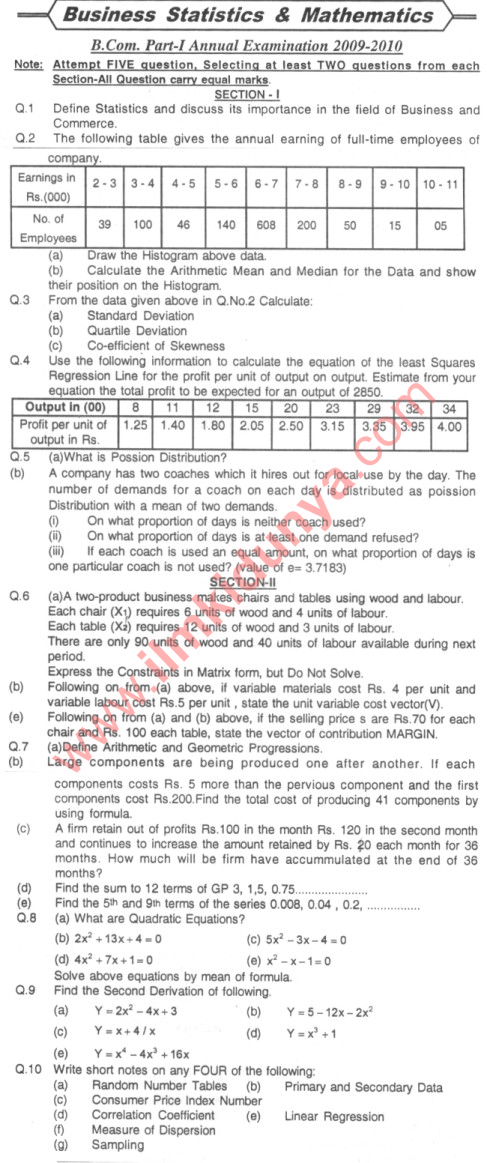 Past Papers 2009 Sindh University BCom Part 1 Business Statistics and ...