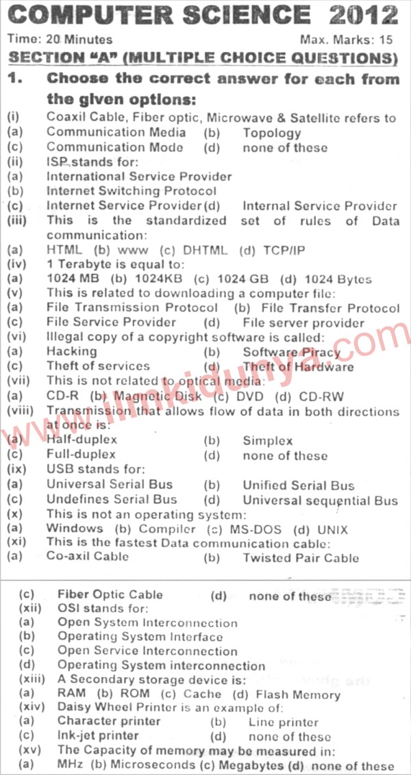 Karachi Board Computer Science 1st Year Past Paper 2012 Section A