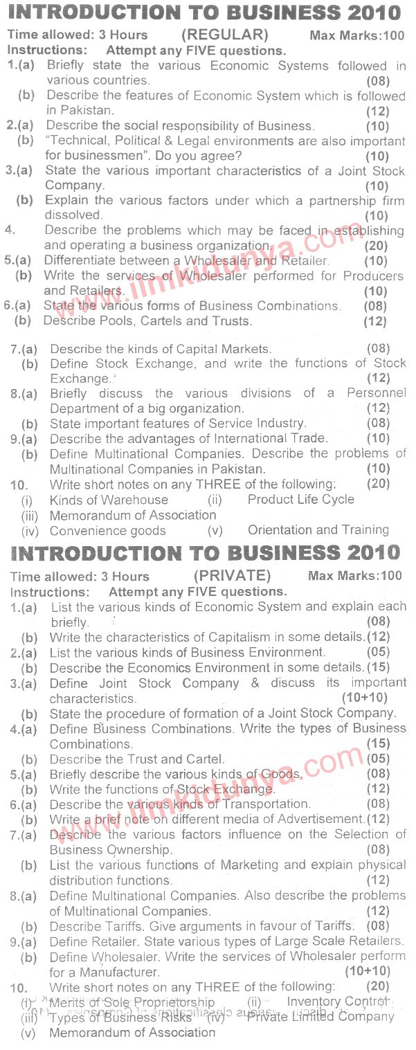 Karachi University Introduction to Business BCom Part 1 Past Paper 2010