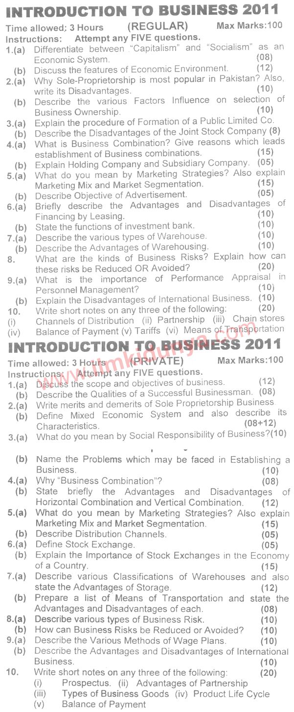 Karachi University Introduction to Business BCom Part 1 Past Paper 2011