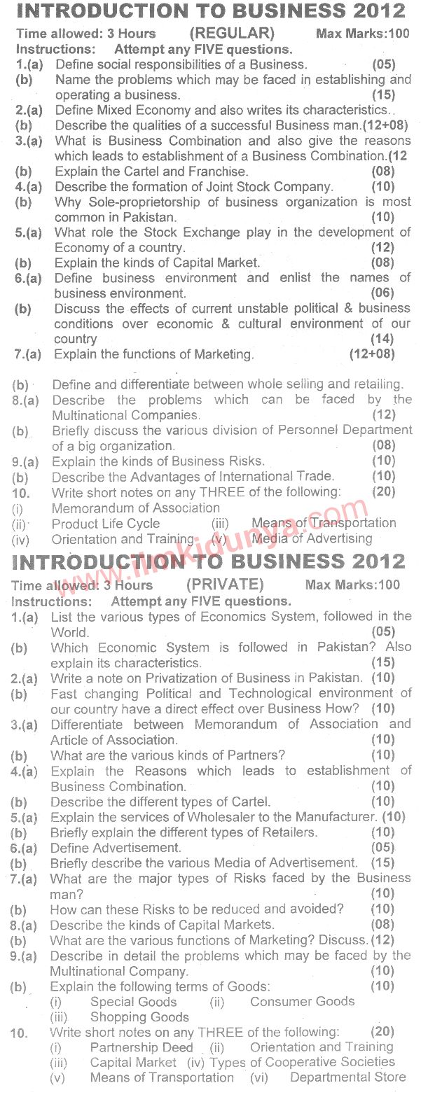 Karachi University Introduction to Business BCom Part 1 Past Paper 2012