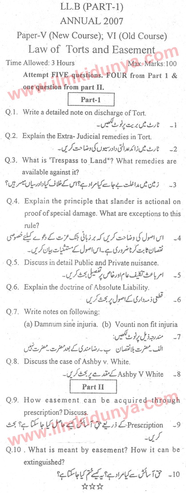 Past Papers 2007 LLB Part 1 Law of Torts and Easement Paper 5