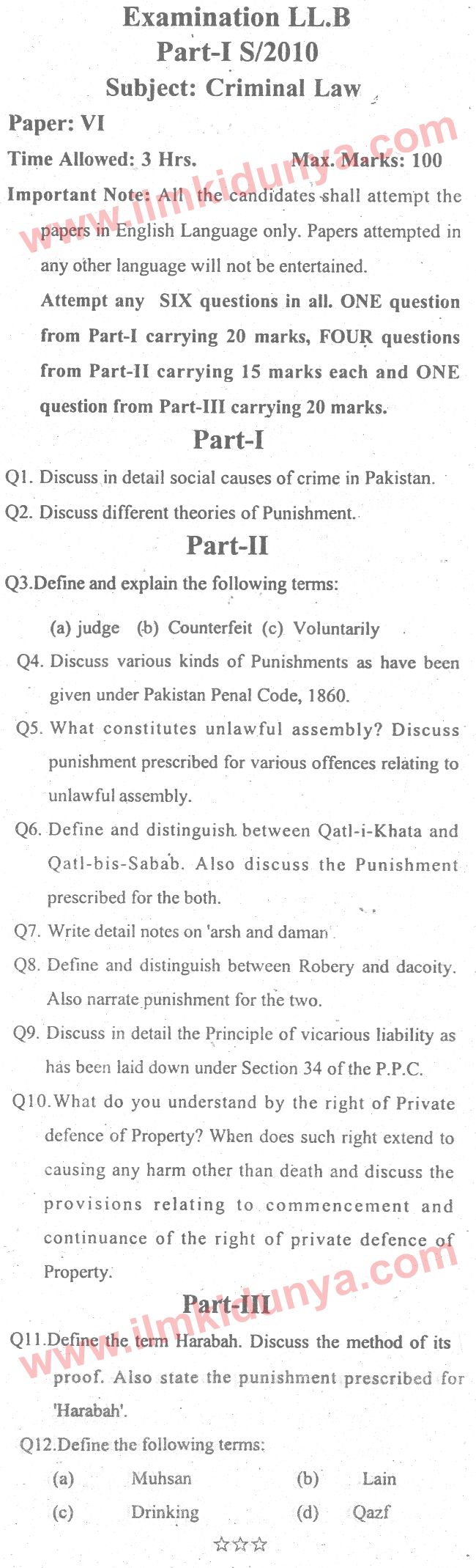 Past Papers 2010 LLB Part 1 Law of Torts and Easement Supplementary Paper 6
