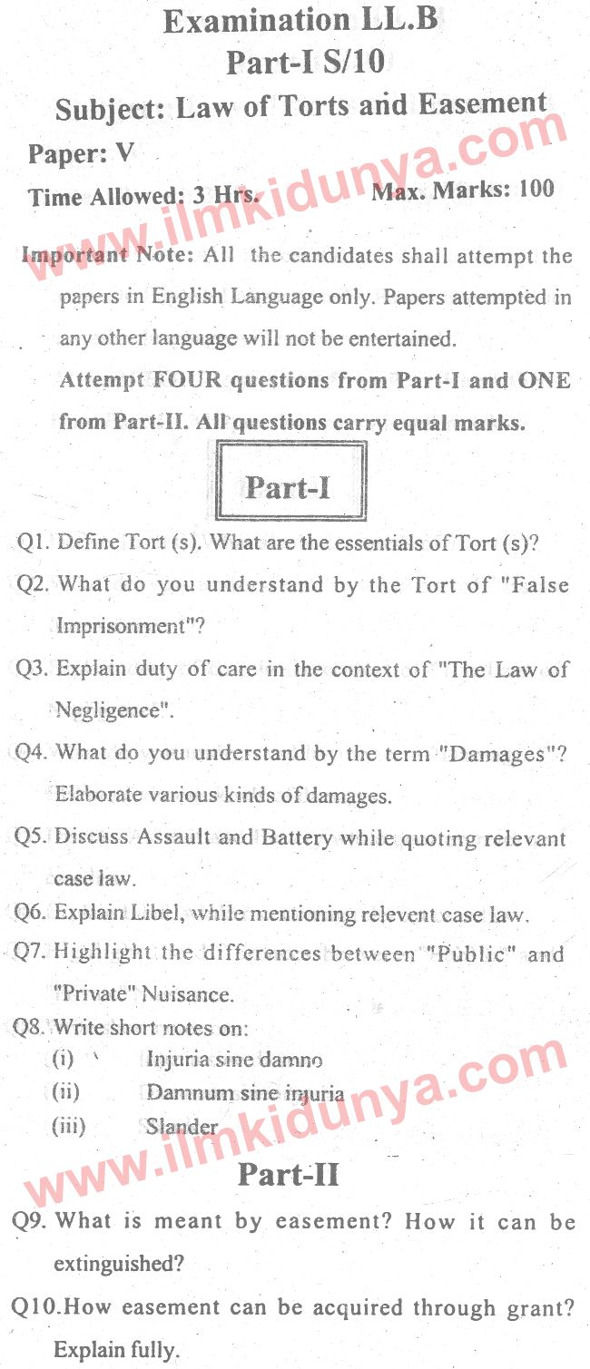 Past Papers 2010 LLB Part 1 Law of Torts and Easement Supplementary