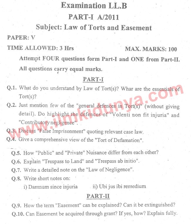 Past Papers 2011 LLB Part 1 Law of Torts and Easement Paper 5