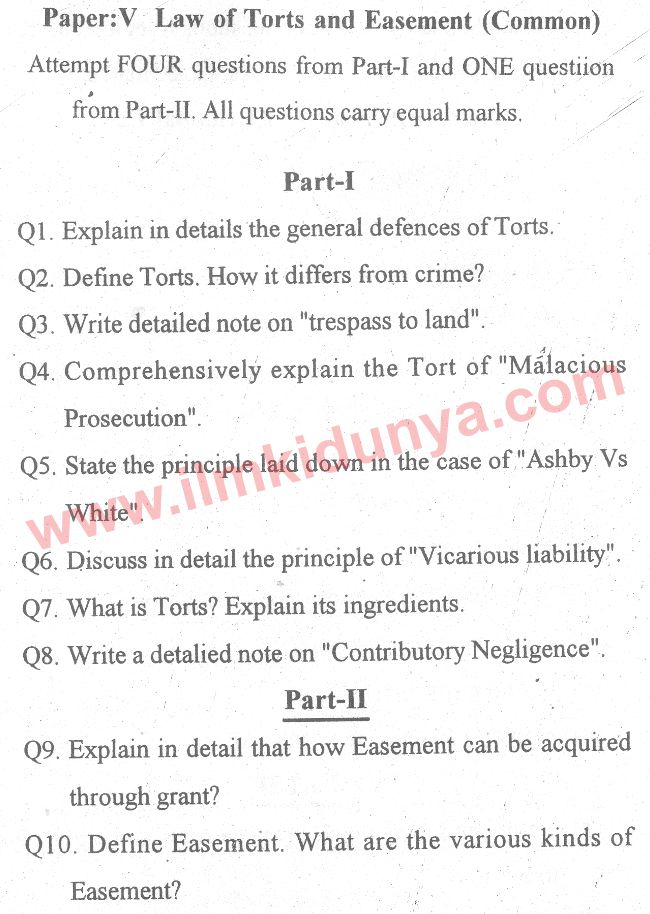 Past Papers 2013 LLB Part 1 Law of Torts and Easement Paper 5