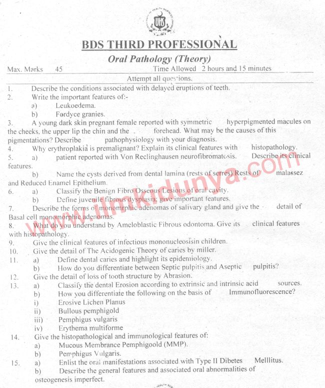 UHS Past Papers 2008 BDS 3rd Professional Oral Pathology