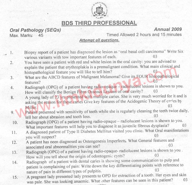 UHS Past Papers 2009 BDS 3rd Professional Oral Pathology