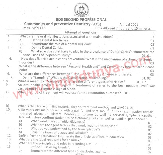 UHS Past Papers 2011 BDS Community and Preventive Dentistry