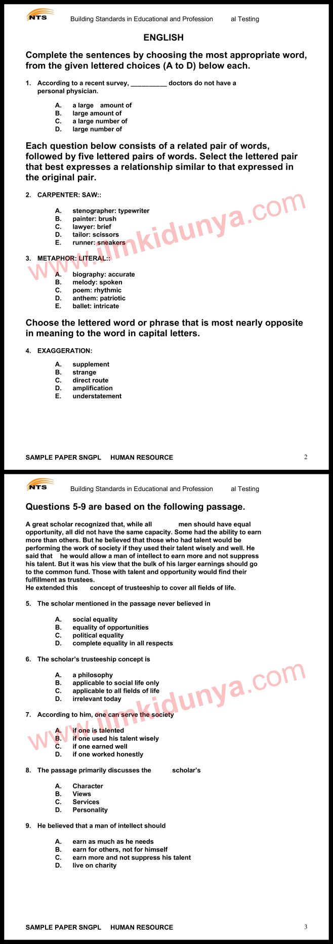 NTS Sample Past Papers Human Resource Department English