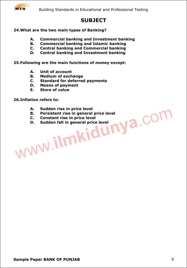 Nts Sample Past Papers Miscellaneous Bank Of Punjab Subject