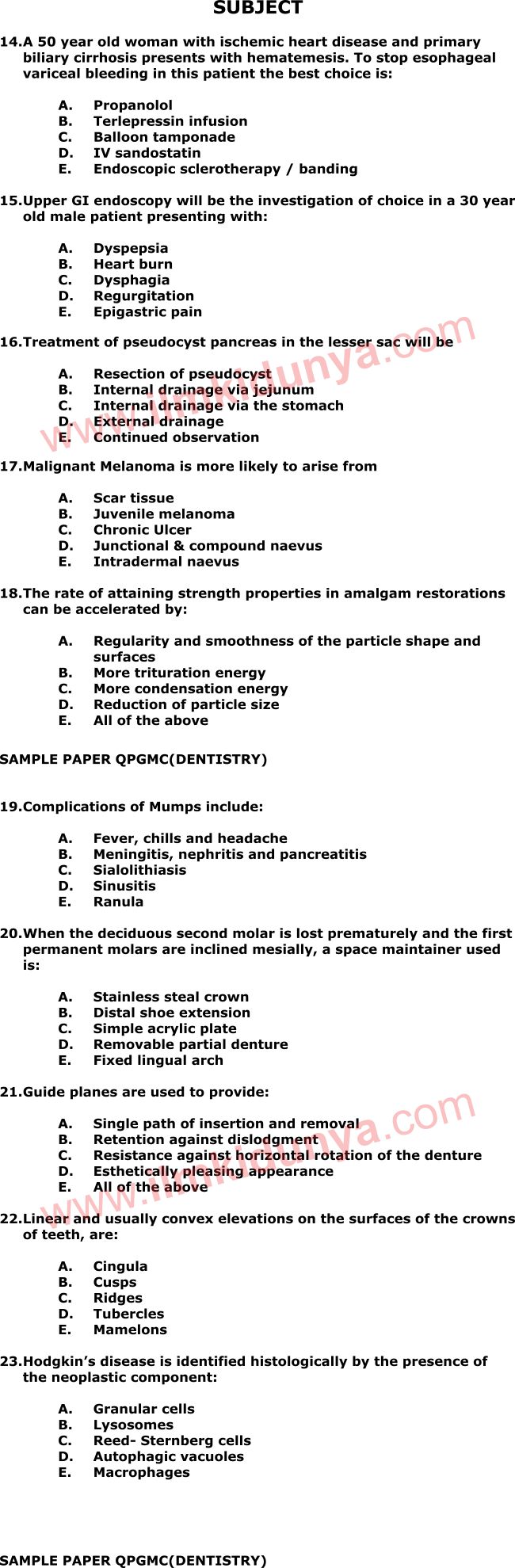 NTS Sample Past Papers Miscellaneous QPGMC DENTISTRY Subject