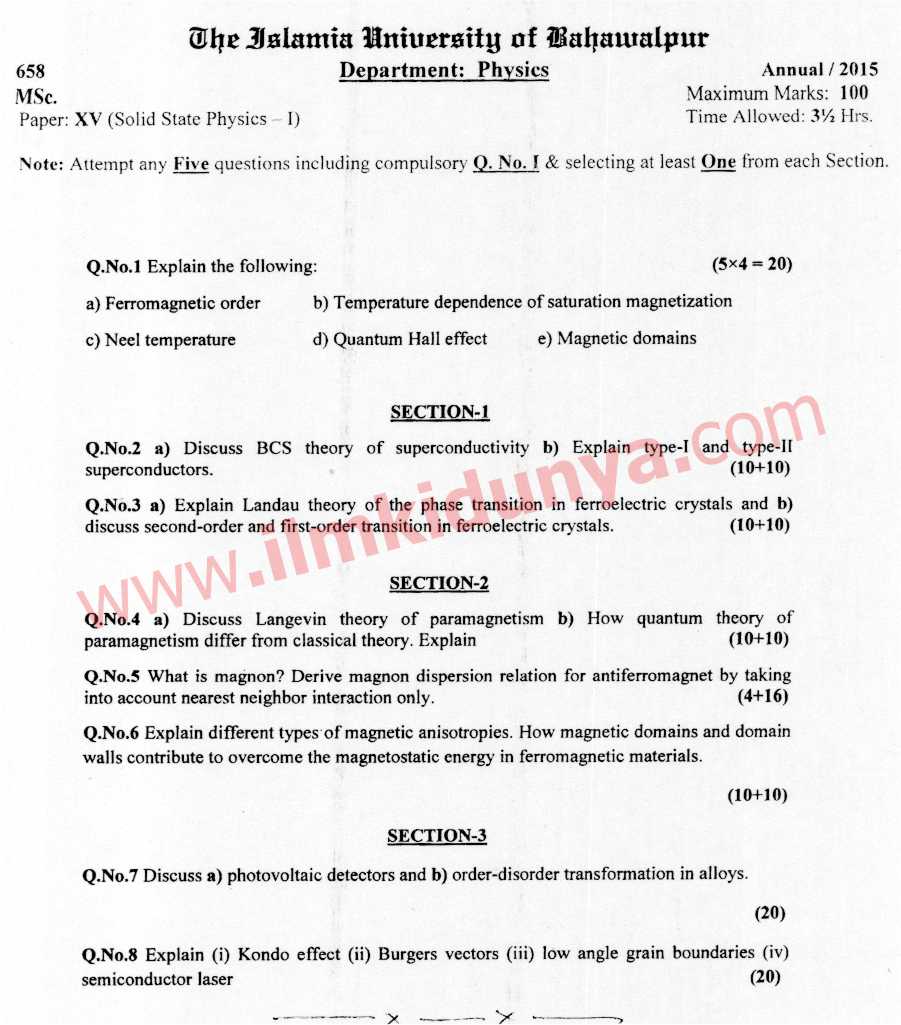 Past Papers 2015 Islamia University Bahawalpur MSc Solid State Physics 