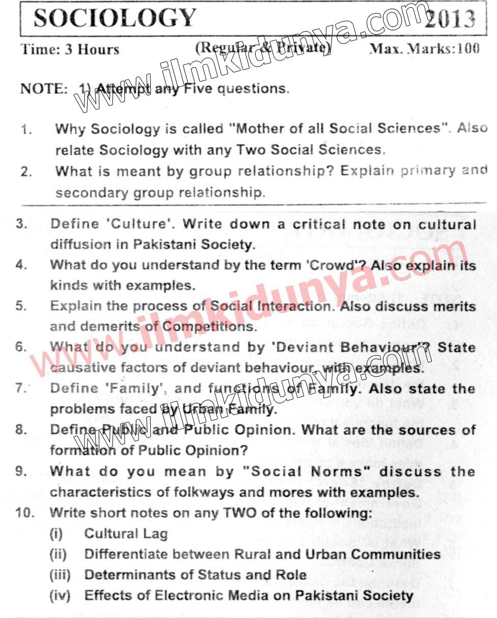Past Papers 2013 Karachi University BA Part 1 Sociology English Version