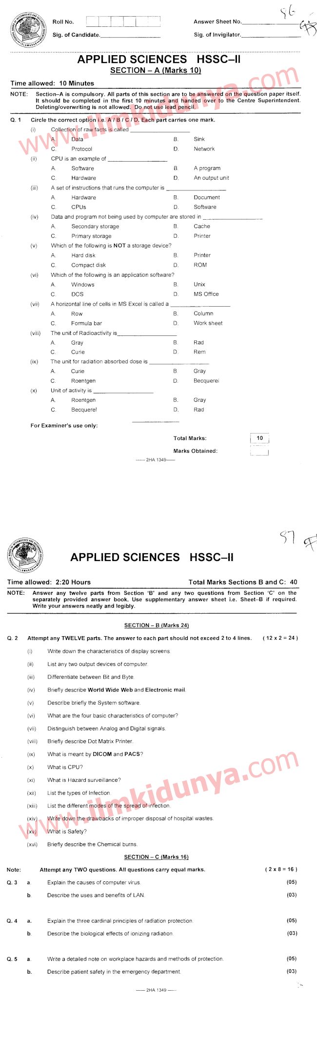 Past Papers 2013 Federal Board Inter Part 2 Applied Sciences English ...