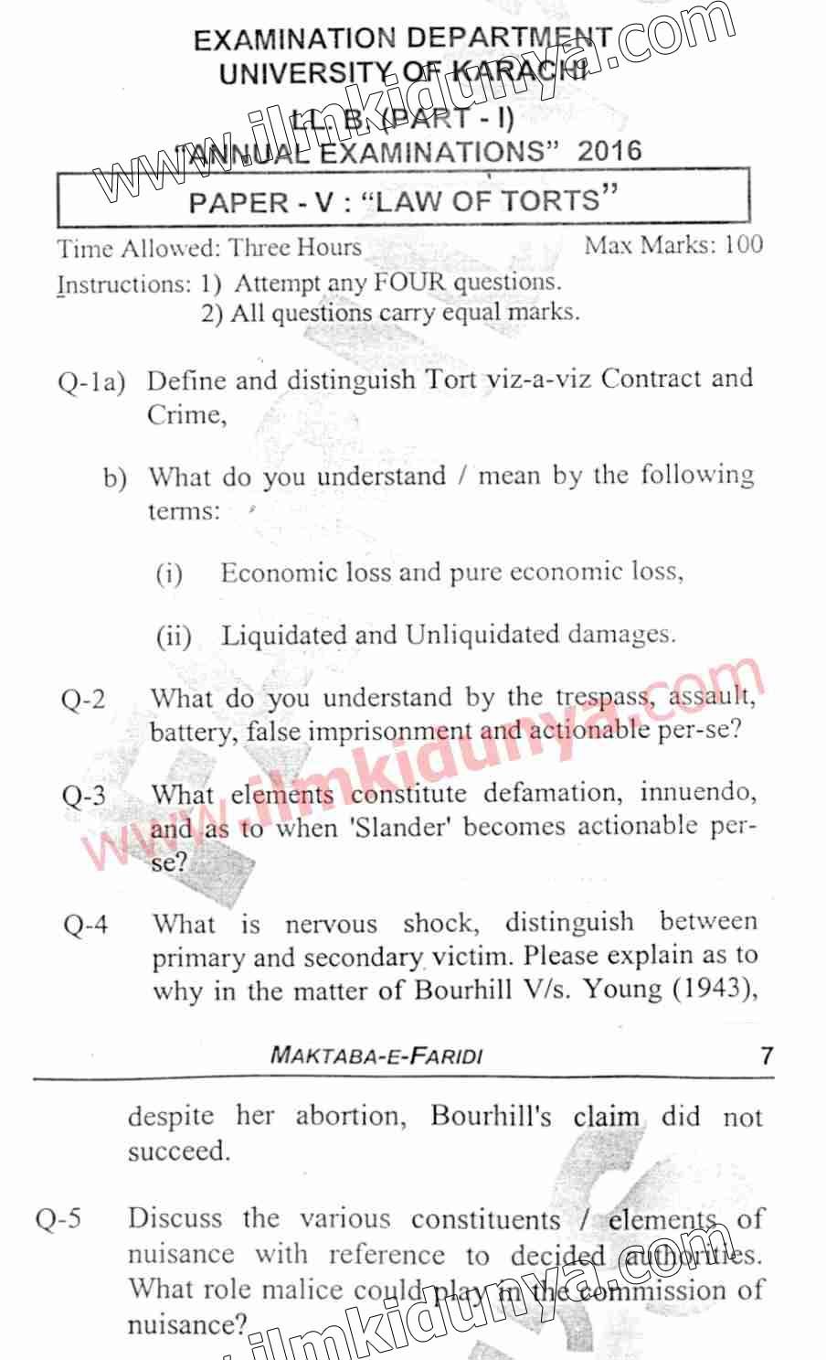 Past Papers 2016 Karachi University LLB Law of Torts Paper 5 part 1
