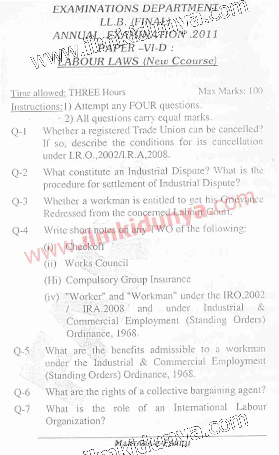 Past Papers 2011 Karachi University LLB Labour Laws (Optional) Paper 9 ...