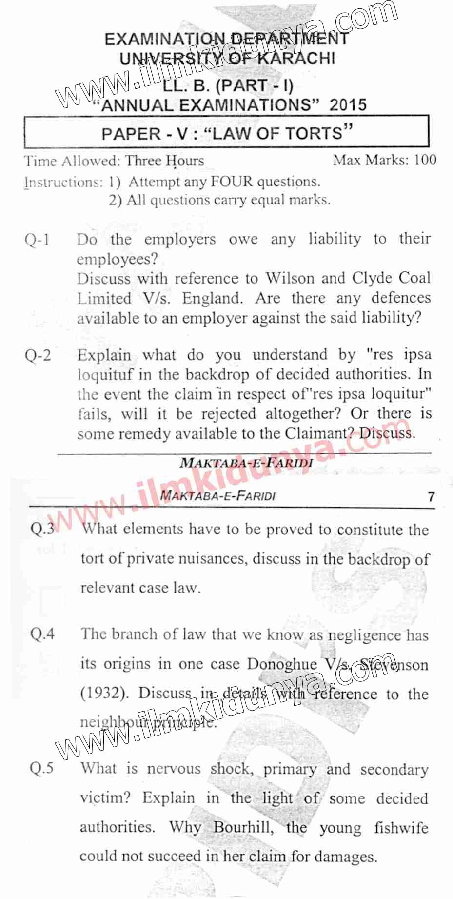 Past Papers 2015 Karachi University LLB Law of Torts Paper 5 part 1