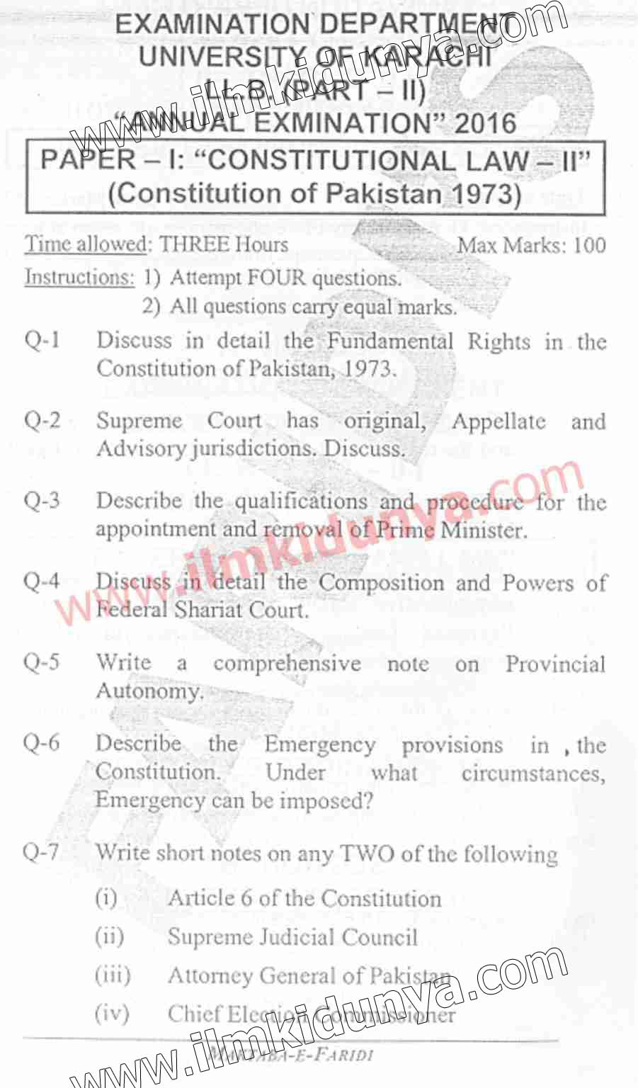 Constitional Paper Past Papers 2016 Karachi University LLB Constitutional Law Paper 1 part 2