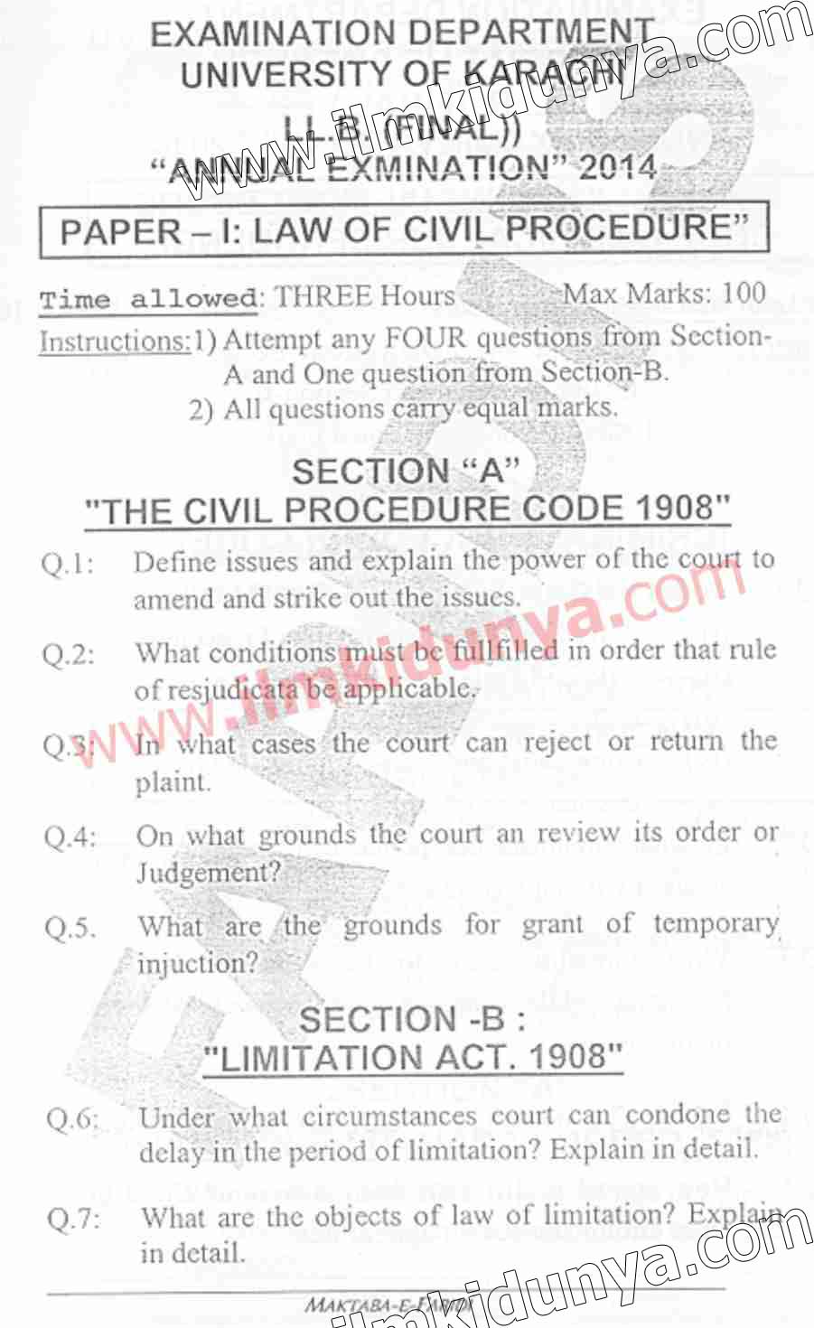 Past Papers 2014 Karachi University LLB Law of Civil Procedure Law