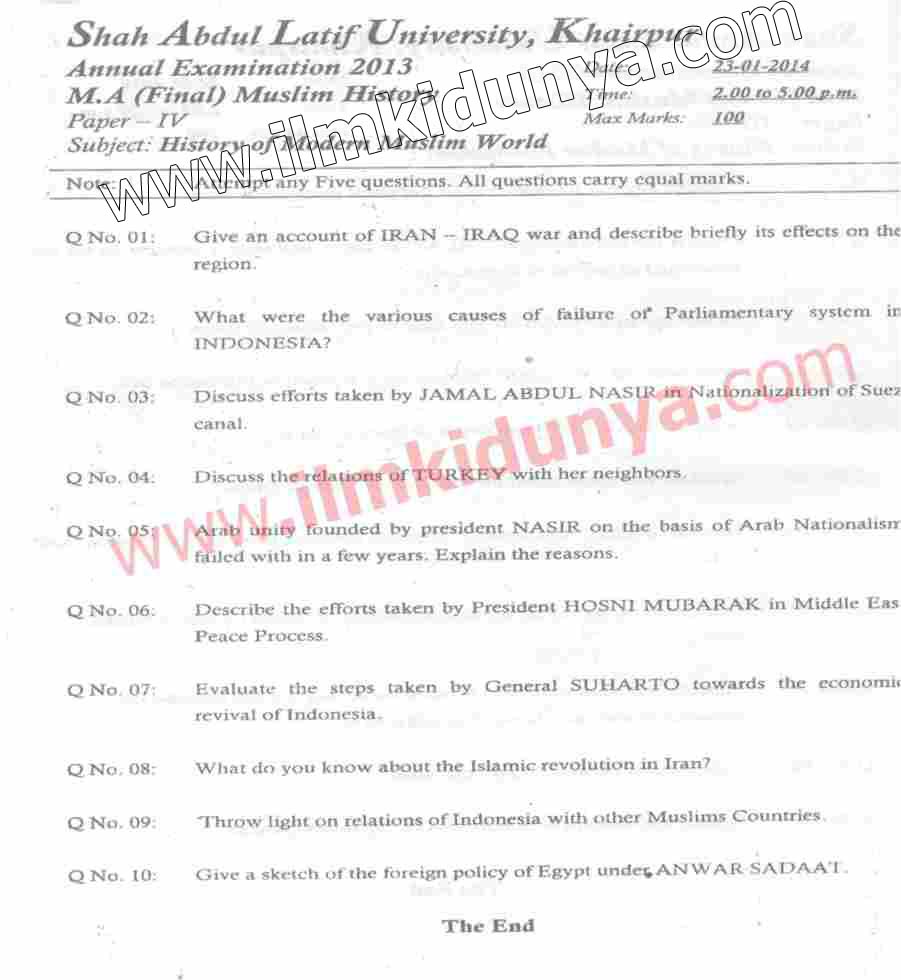 Muslim Paper Past Papers SALU 2013 MA Muslim History Part 2 History of Modern Muslim ...
