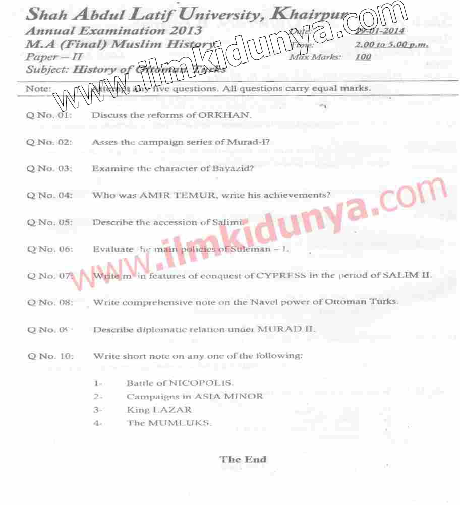 Muslim Paper Past Papers SALU 2013 MA Muslim History Part 2 History of Ottoman Paper 2