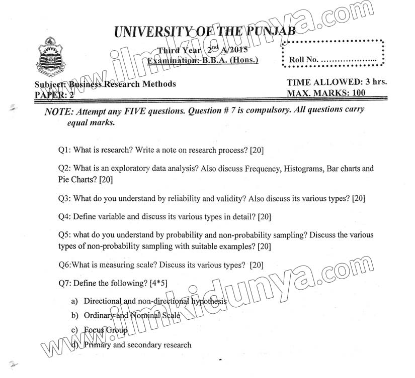 Past Paper BBA 3rd Year Punjab University Business Research Method Past Paper BBA 3rd Year Punjab University Business Research Method