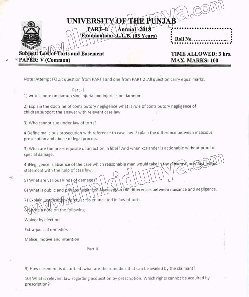 Past Paper LLB Part 1 Punjab University Law of Torts Paper V Subjective ...