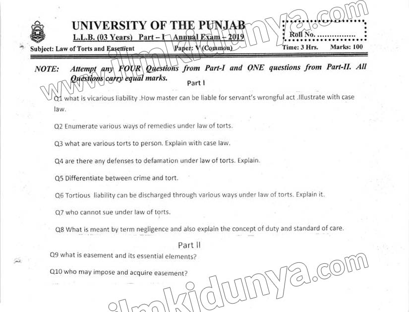 Past Paper LLB Part 1 Punjab University Law of Torts Paper V Subjective ...