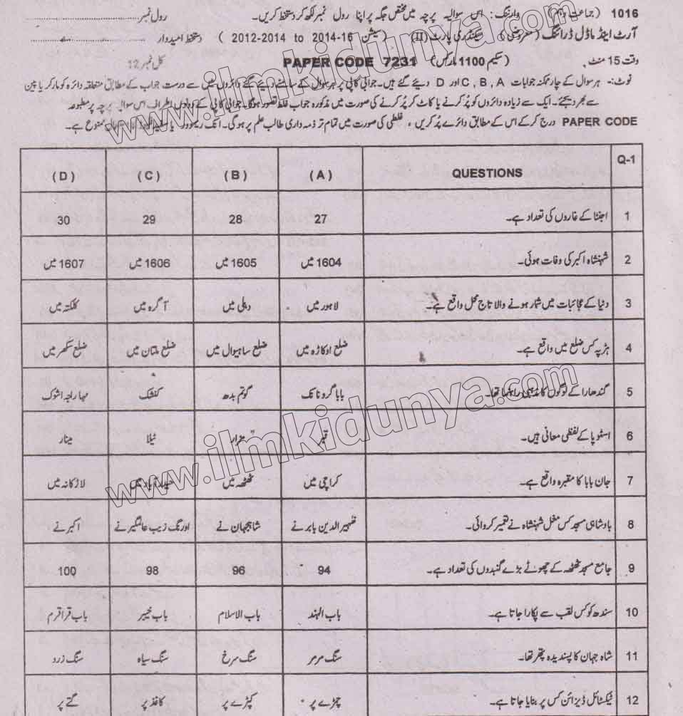 Past Paper 9th Class Sargodha Board Art and Model Drawing Objective 2016