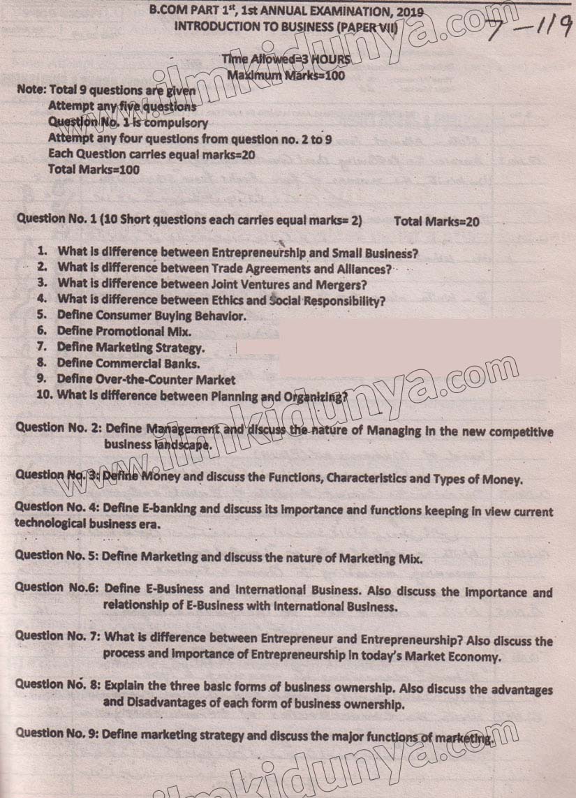 Past Paper B Com Part 1 BZU University Introduction to Business 1st ...