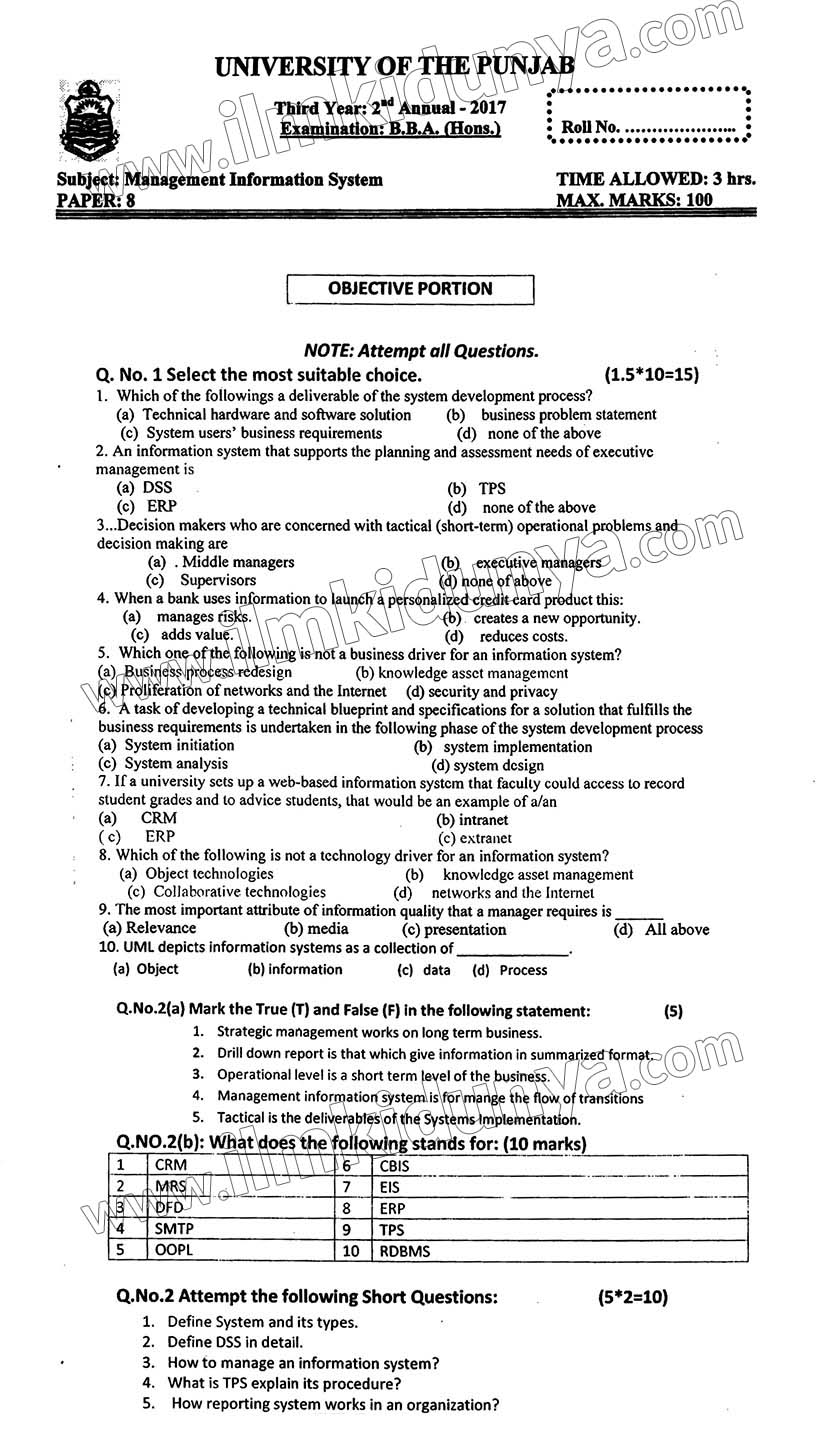 Past Paper BBA 3rd Year Punjab University Management Information System Past Paper BBA 3rd Year Punjab University Management Information System