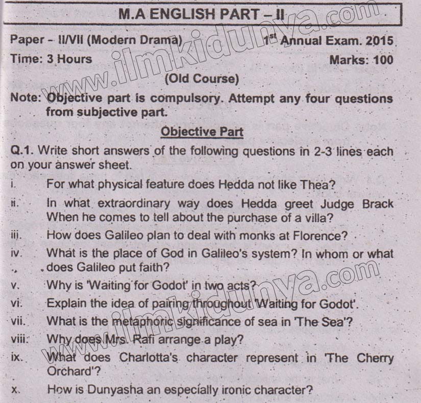 Past Paper MA Part 2 Sarghoda University English Paper 2 Objective 2015