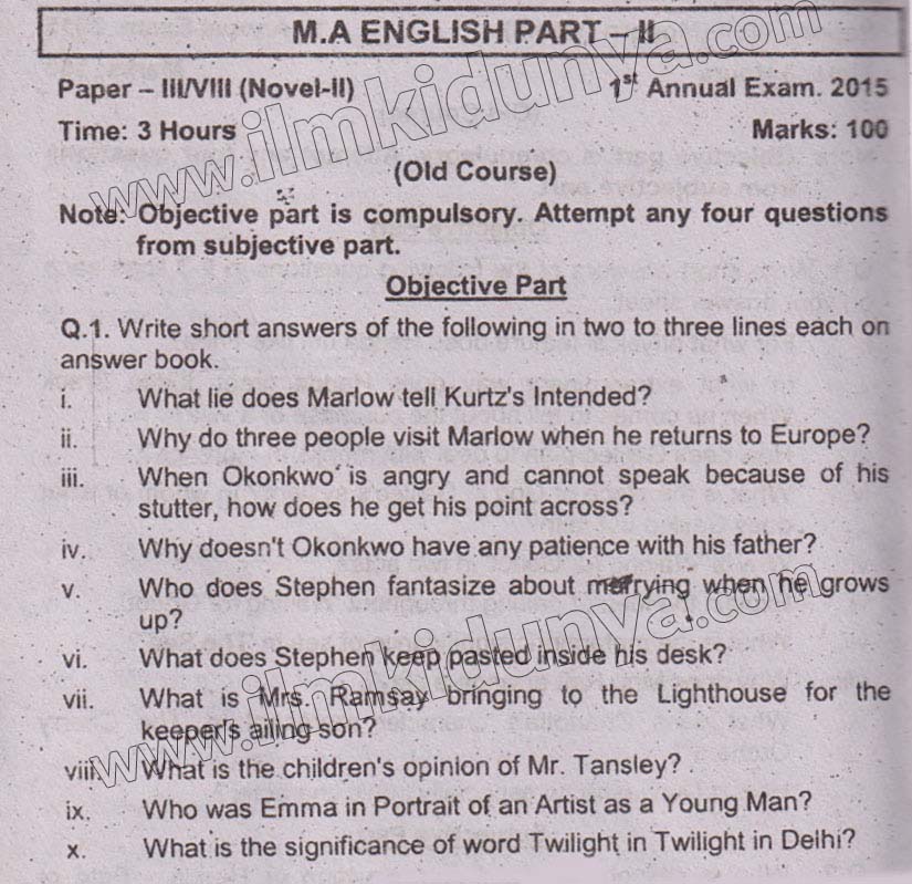 Past Paper MA Part 2 Sarghoda University English Paper 3 Objective 2015