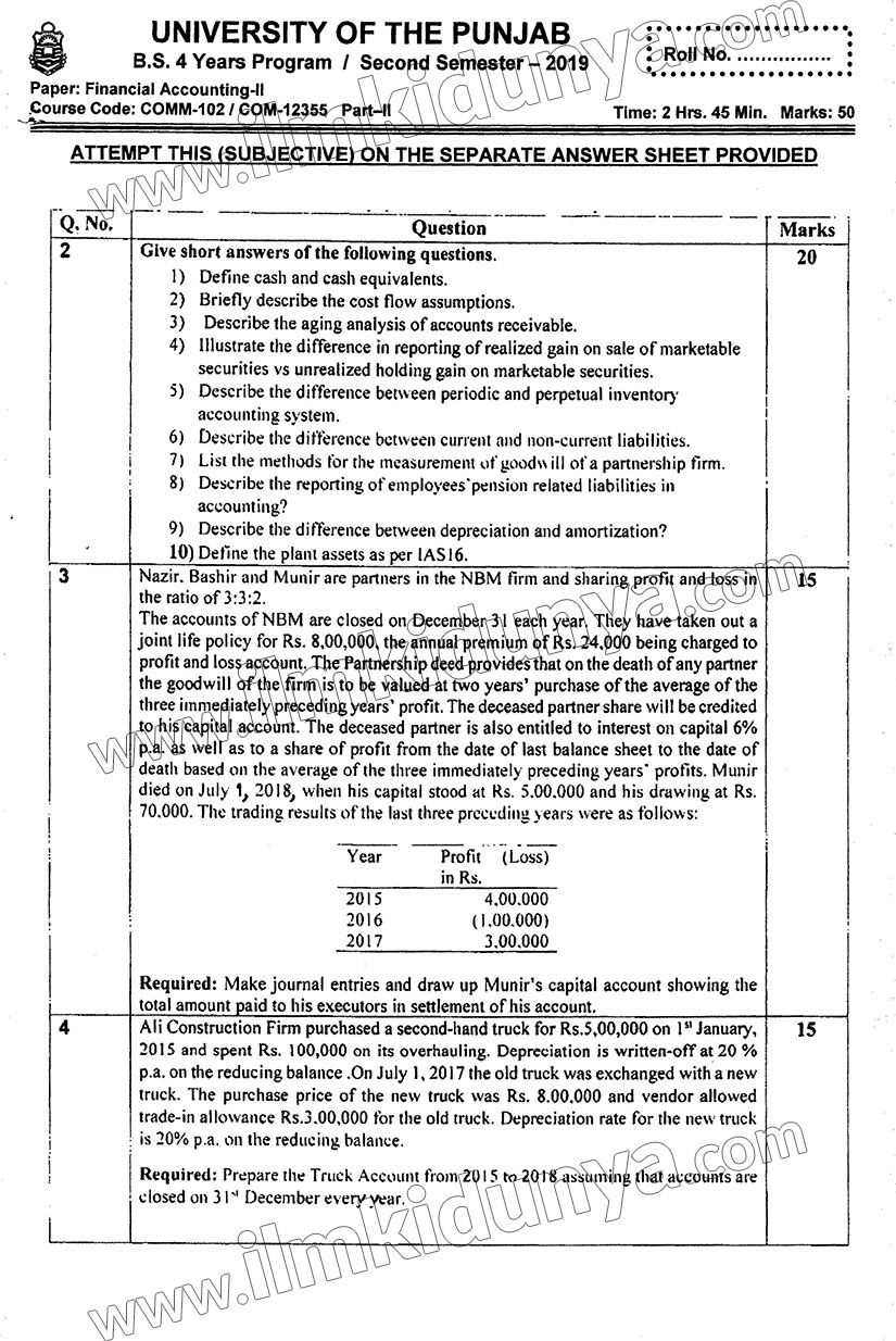 Past Paper 1 2019 Punjab University Financial Accounting BS ED Hons 2nd 