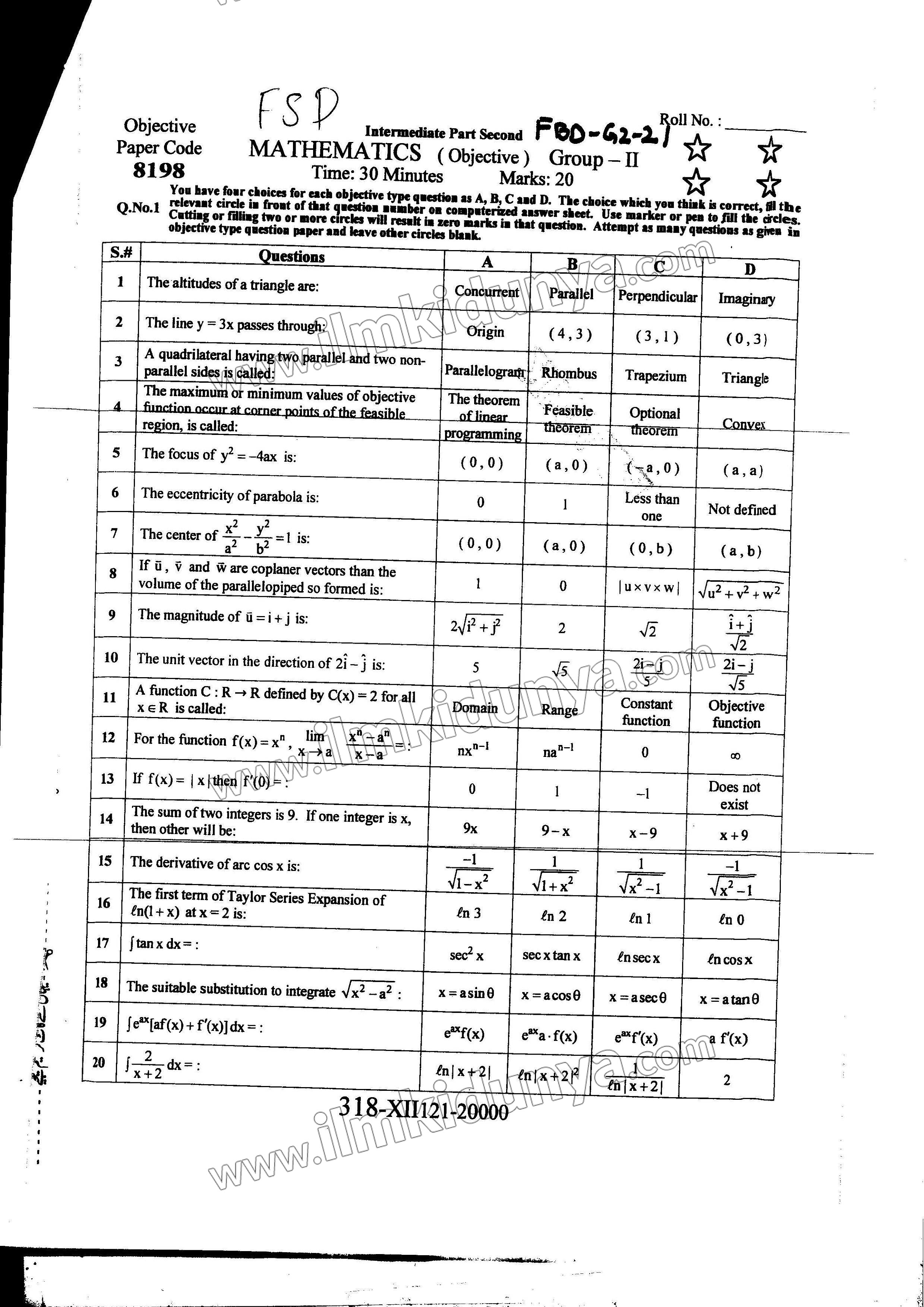 Board Math Paper Part A Past Paper 2021 Faisalabad Board Inter Part II Mathematics Group II ...