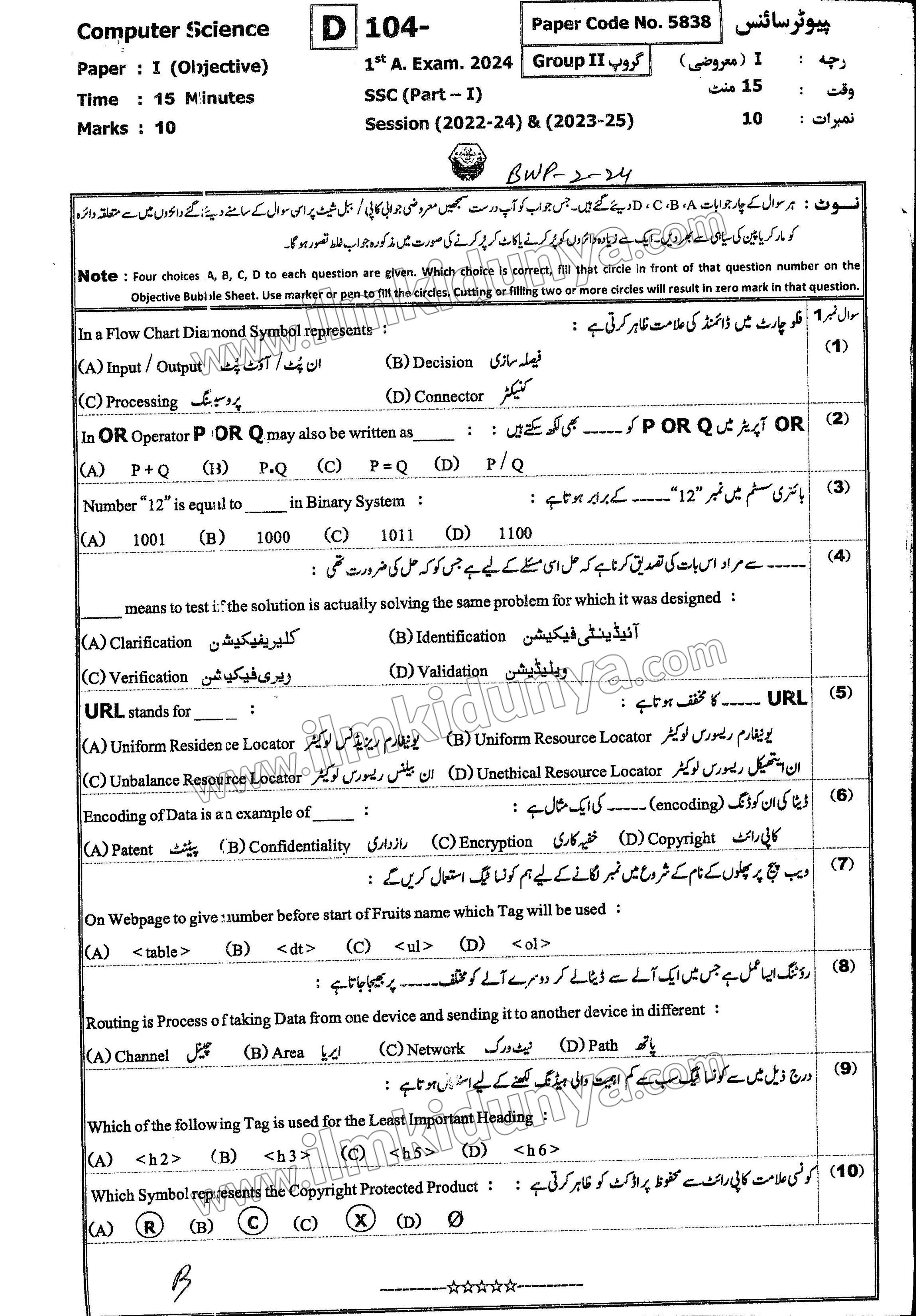 Past Paper 2024 9th Class Bahawalpur Board Computer Science Group II ...