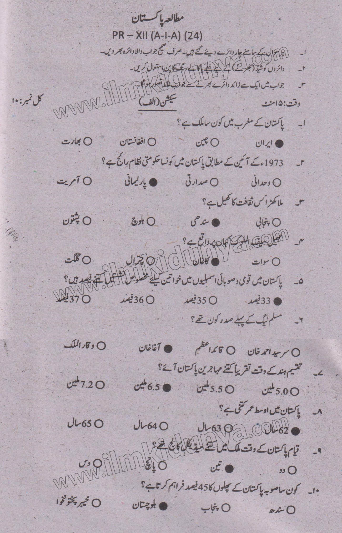Past Paper 2024 12th Class Peshawar Board Pak Studies Objective