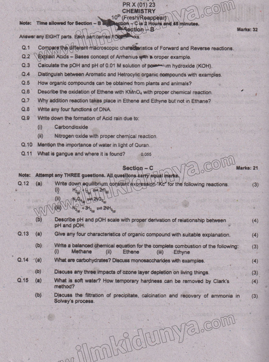 Past Paper 2023 Peshawar Board Class 10th Chemistry Subjective