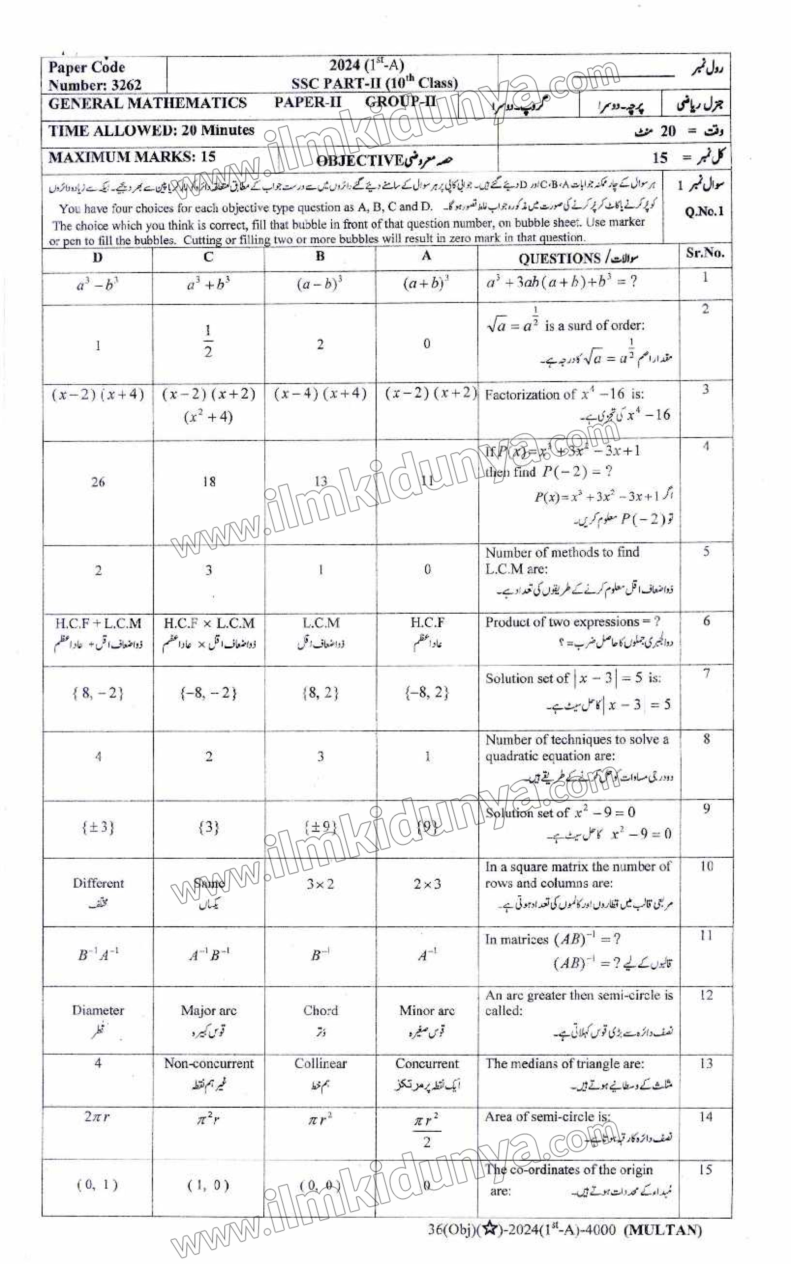 Matho Multan Past Paper 2024 Multan Board Class 10th General Math Group II Objective