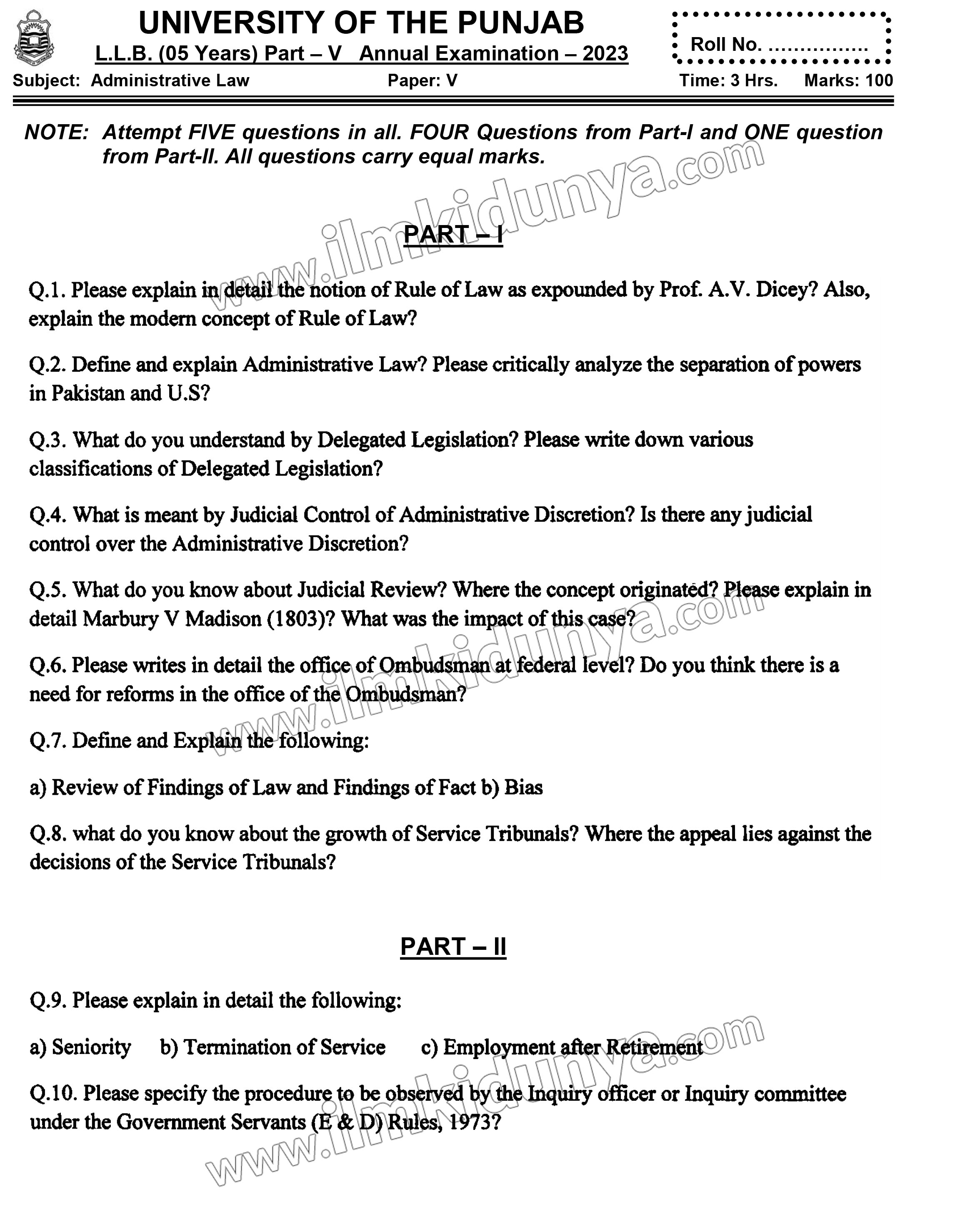 Past Paper LLB Part 5 Punjab University Administrative Law Paper V ...