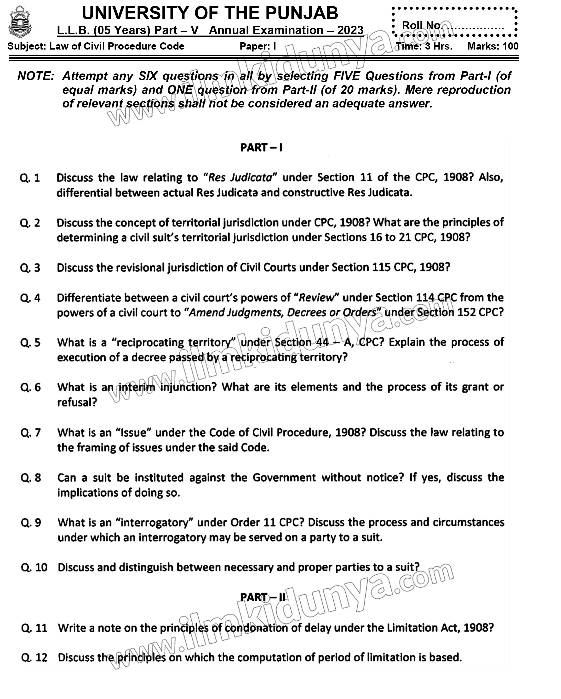 Past Paper LLB Part 5 Punjab University Law of Civil Procedure Code ...