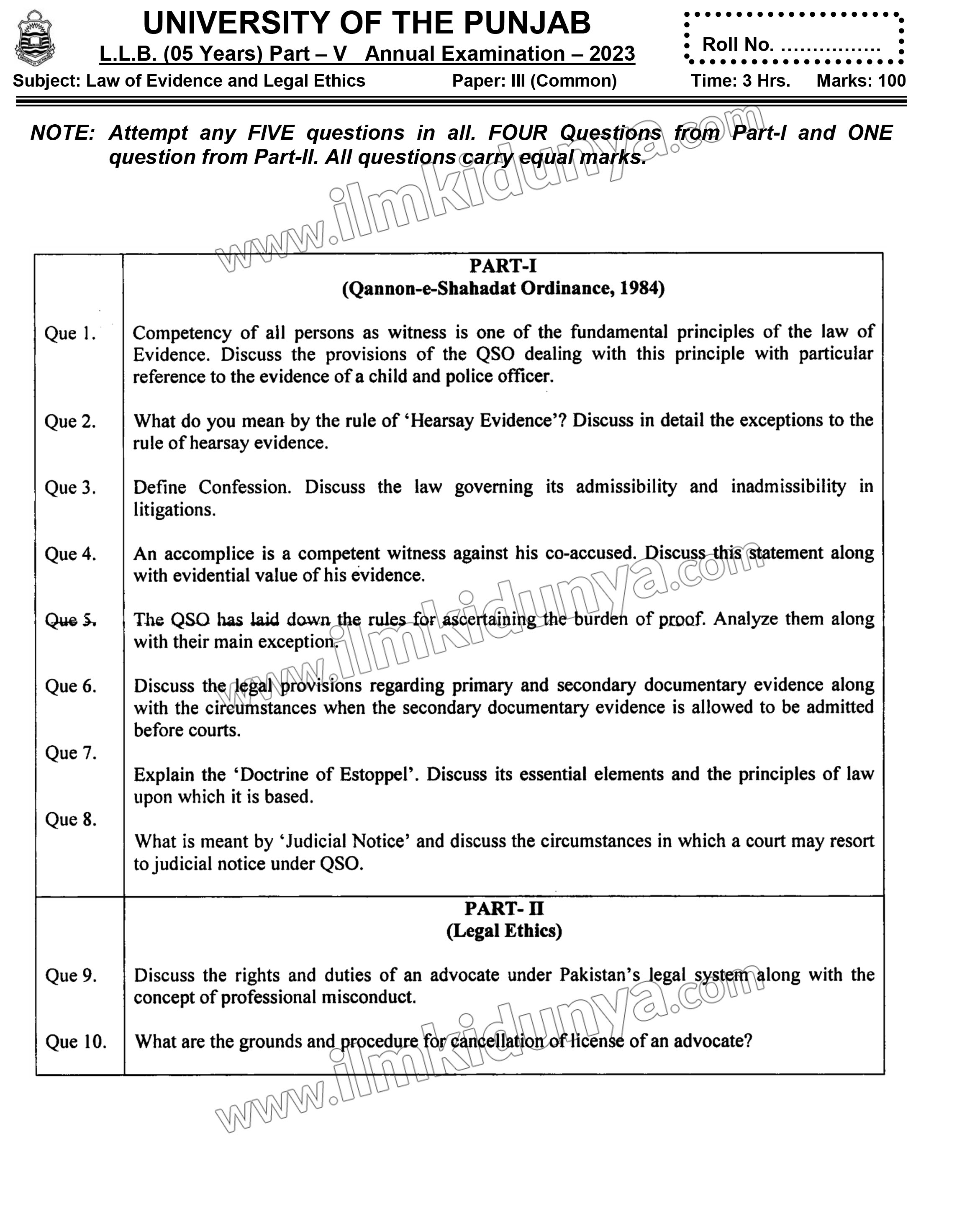 Past Paper LLB Part 5 Punjab University Law of Evidence and Legal ...