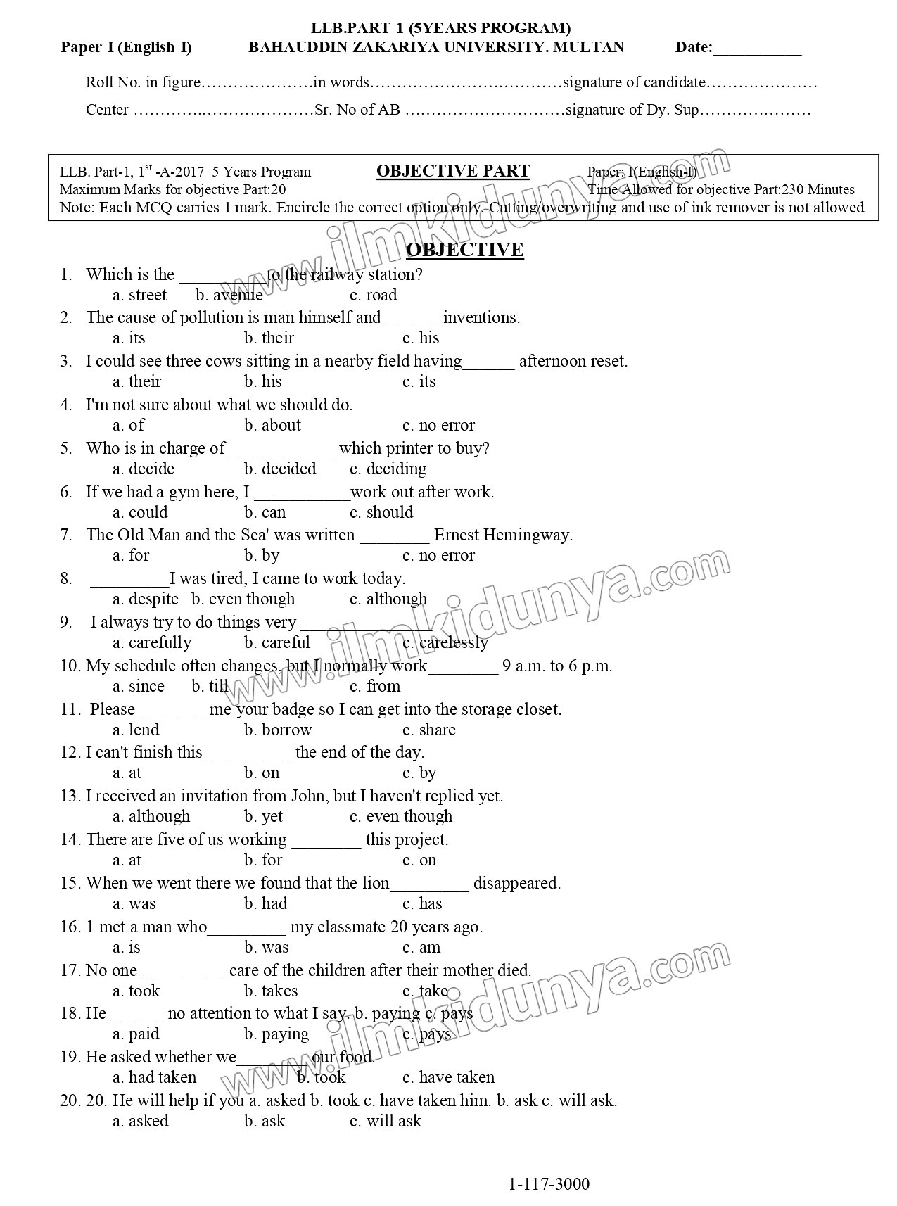 Past Paper LLB Part 1 Bahauddin Zakariya University English Paper I ...