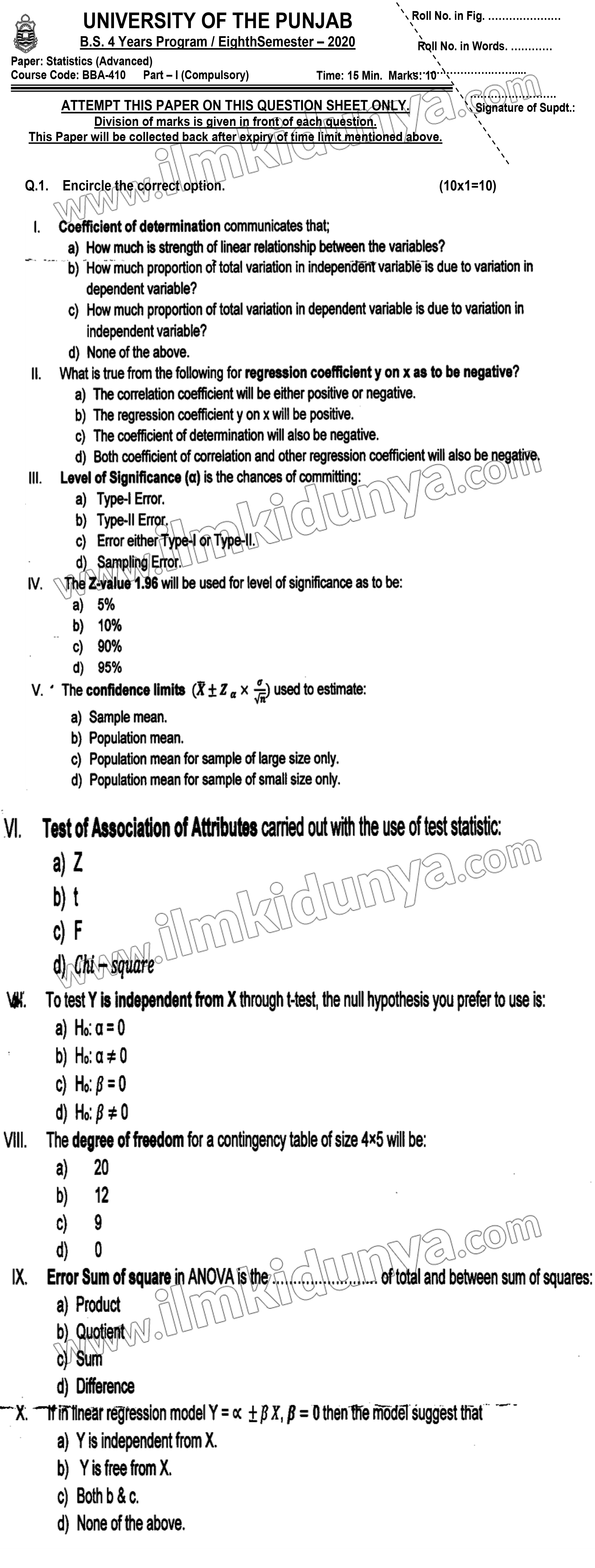 Past Paper BBA 4th year Punjab University Statistics (Advance ...