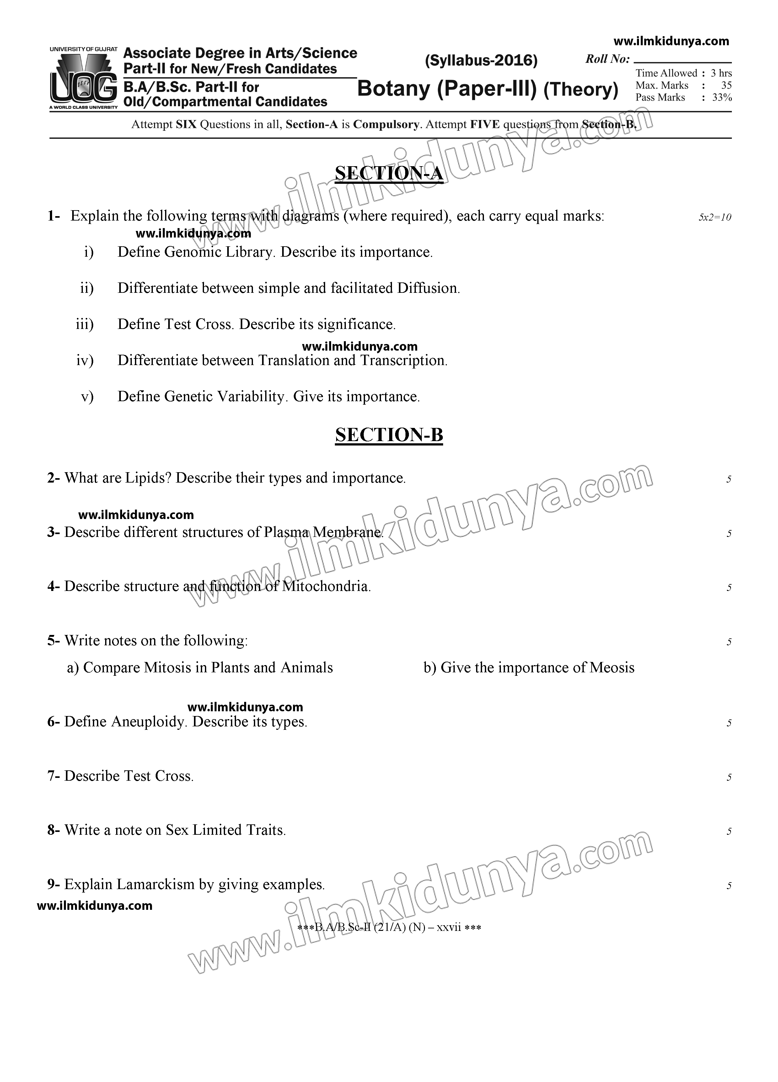 Past Paper BA BSC Part II University Of Gujrat Botany Paper III 2021