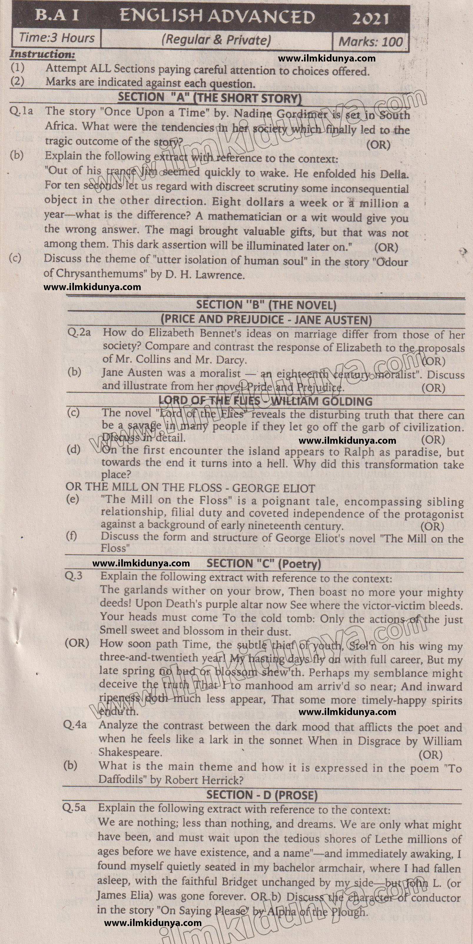 Past Paper 2021 Karachi University BA Part 1 English Advance Subjective